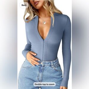 Blue Long Sleeve Women's Top V neck